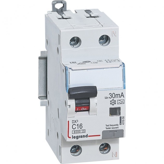 Автоматический выключатель дифференциального тока LEGRAND DX³ 6000 10 кА тип характеристики С 1П+Н 230 В 16 А тип A 30 мА 2 модуля белый 411050