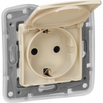 Розетка LEGRAND 2К+З IP 44 с откидной крышкой и шторками немецкий стандарт автоматические зажимы 16 А слоновая кость